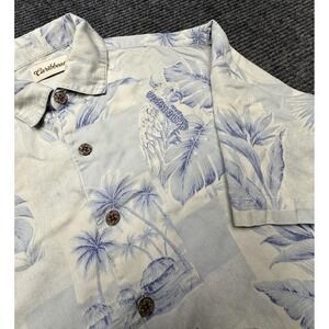Caribbean Shirt Mens Medium Blue Silk Cotton Hawaiian Parrot Palm Aloha Tropical
